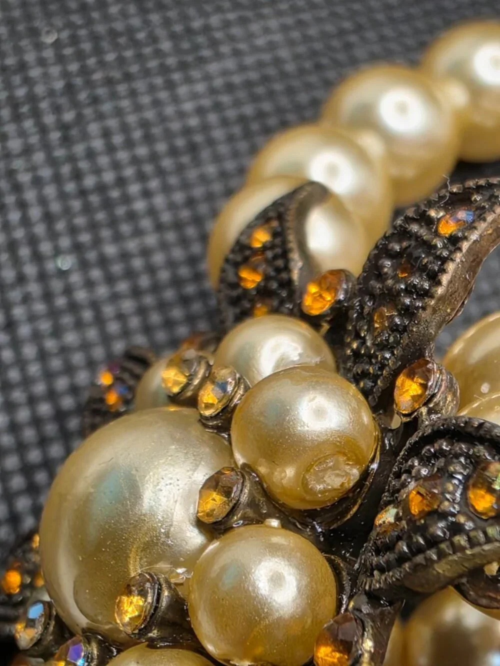 Vintage 3 Strand Faux Pearl Stretch Bracelet Amber Rhinestone Starburst Flower